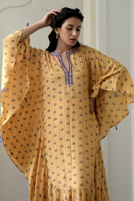 Shop_Taro_Yellow Modal Silk Notched Floral Print Kaftan Tunic_Online_at_Aza_Fashions