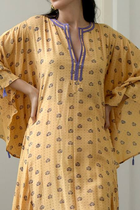 Taro_Yellow Modal Silk Notched Floral Print Kaftan Tunic_at_Aza_Fashions