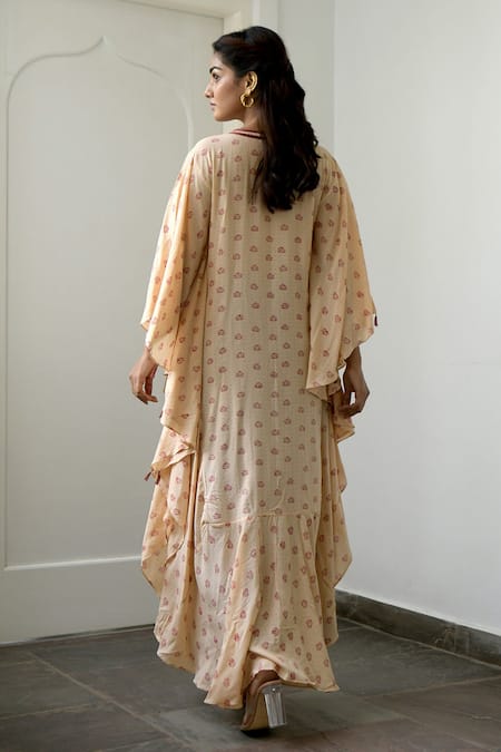 Shop_Taro_Peach Modal Silk Embroidery Notched Floral Print Kaftan Tunic _at_Aza_Fashions