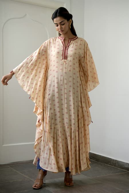 Taro_Peach Modal Silk Embroidery Notched Floral Print Kaftan Tunic _Online_at_Aza_Fashions