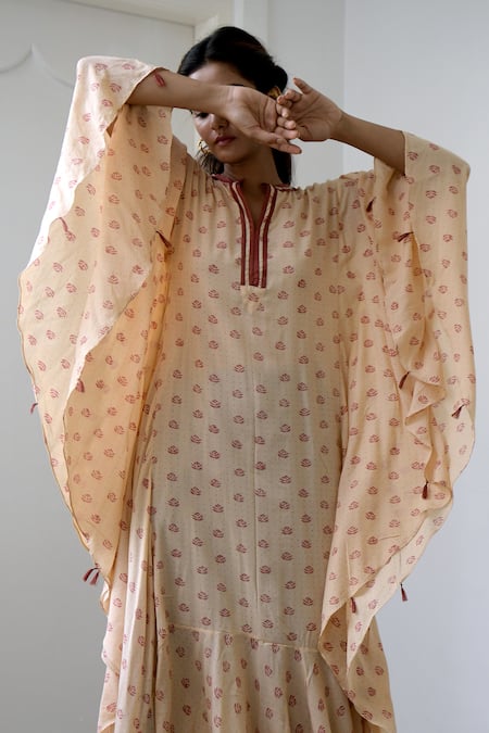 Shop_Taro_Peach Modal Silk Embroidery Notched Floral Print Kaftan Tunic _Online_at_Aza_Fashions