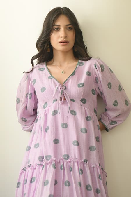 Buy_Taro_Purple Handwoven Cotton Silk V Neck Dress _Online_at_Aza_Fashions