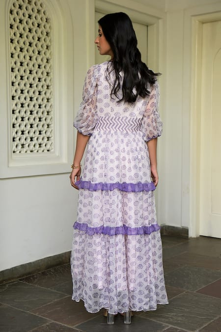 Shop Taro Pink Chiffon V Neck Floral Print Dress at Aza Fashions Shop_Taro_Pink Chiffon V Neck Floral Print Dress _at_Aza_Fashions