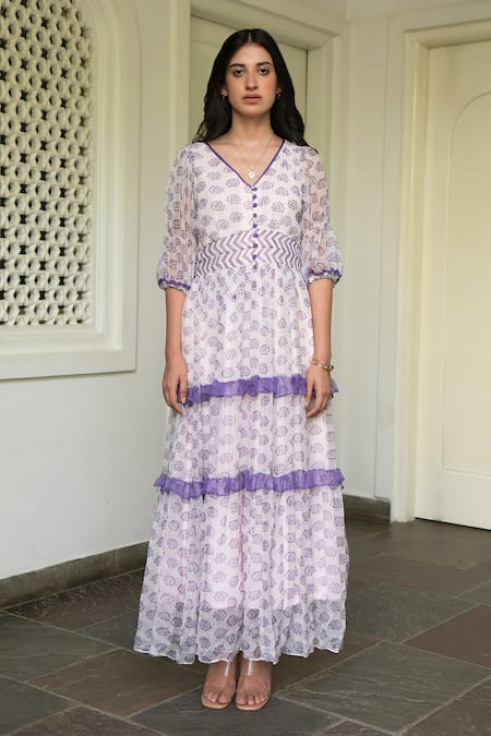 Taro Pink Chiffon V Neck Floral Print Dress Online at Aza Fashions Taro_Pink Chiffon V Neck Floral Print Dress _Online_at_Aza_Fashions