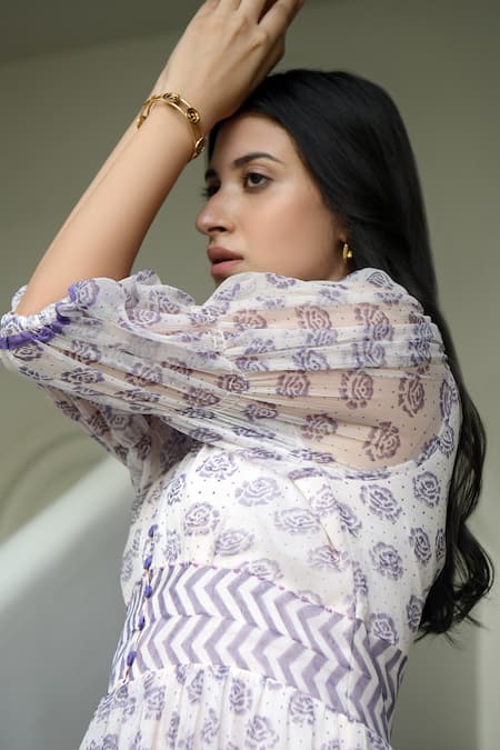 Shop Taro Pink Chiffon V Neck Floral Print Dress Online at Aza Fashions Shop_Taro_Pink Chiffon V Neck Floral Print Dress _Online_at_Aza_Fashions