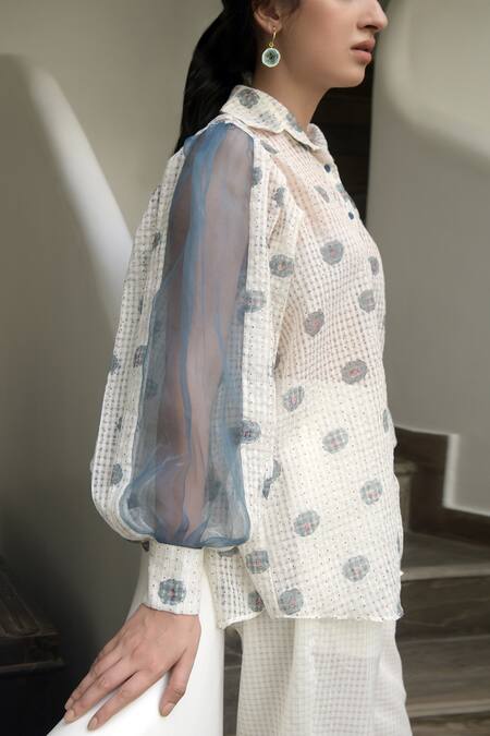 Shop_Taro_White Organza, Handwoven Cotton Shirt Collar _Online_at_Aza_Fashions