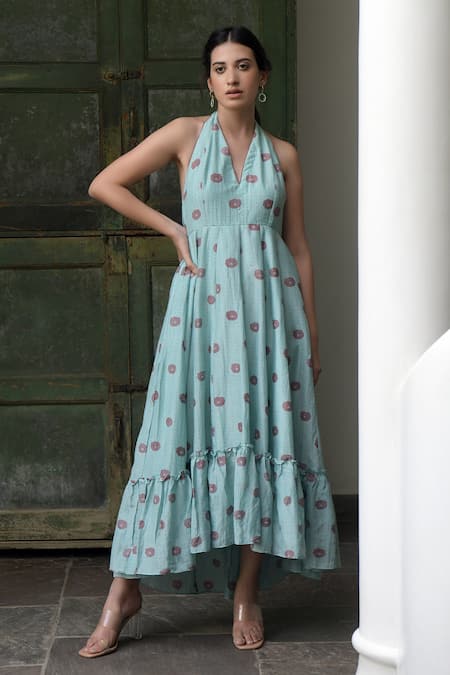 Taro Green Handwoven Cotton Silk Halter Dress