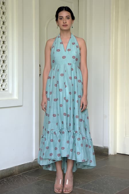 Taro Green Handwoven Cotton Silk Halter Dress Online at Aza Fashions Taro_Green Handwoven Cotton Silk Halter Dress _Online_at_Aza_Fashions