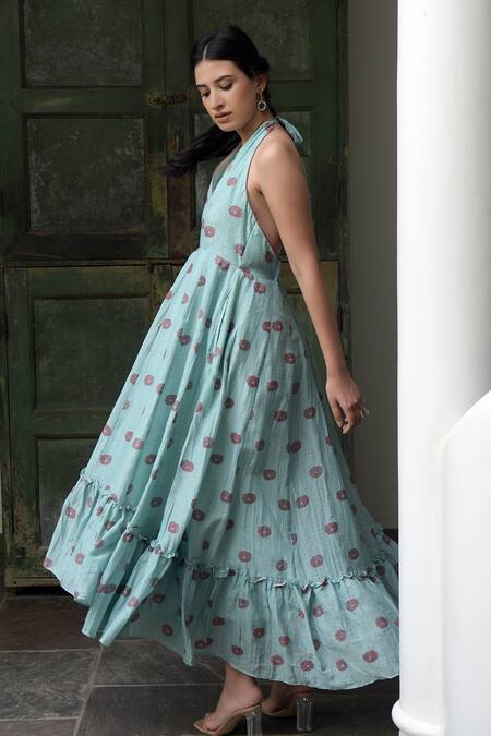 Buy Taro Green Handwoven Cotton Silk Halter Dress Online at Aza Fashions Buy_Taro_Green Handwoven Cotton Silk Halter Dress _Online_at_Aza_Fashions