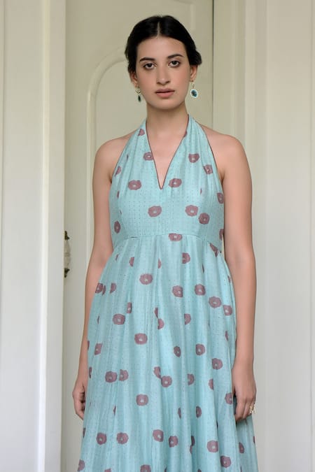 Shop Taro Green Handwoven Cotton Silk Halter Dress Online at Aza Fashions Shop_Taro_Green Handwoven Cotton Silk Halter Dress _Online_at_Aza_Fashions
