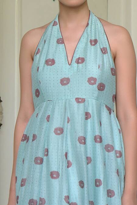 Taro Green Handwoven Cotton Silk Halter Dress at Aza Fashions Taro_Green Handwoven Cotton Silk Halter Dress _at_Aza_Fashions