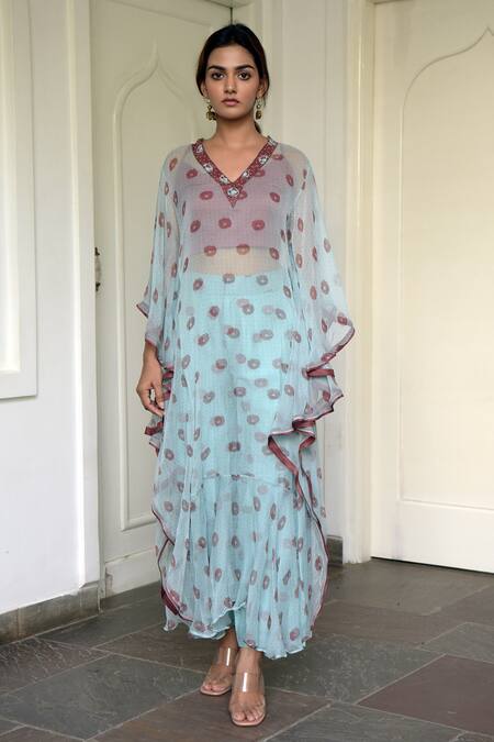 Taro_Green Chiffon Embroidery Notched Floral Print Tunic And Pant Set _Online_at_Aza_Fashions