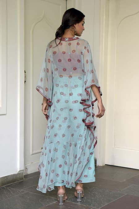 Shop_Taro_Green Chiffon Embroidery Notched Floral Print Tunic And Pant Set _at_Aza_Fashions