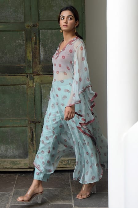 Buy_Taro_Green Chiffon Embroidery Notched Floral Print Tunic And Pant Set _Online_at_Aza_Fashions