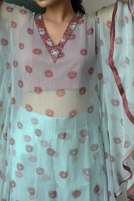 Shop_Taro_Green Chiffon Embroidery Notched Floral Print Tunic And Pant Set _Online_at_Aza_Fashions