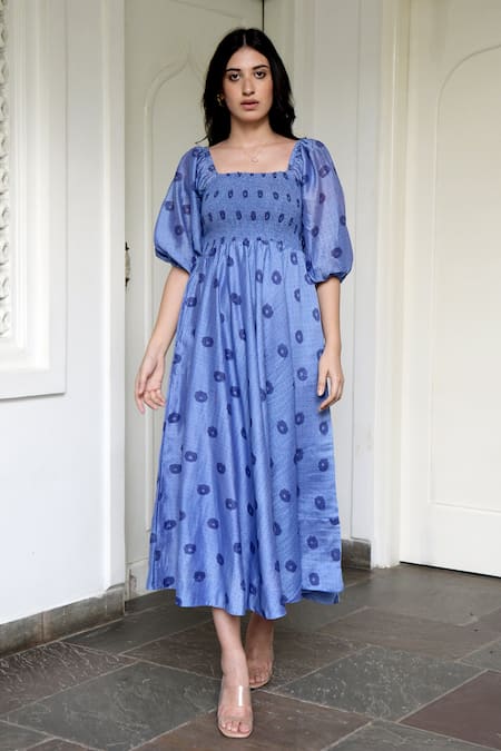 Taro Blue Handwoven Chanderi Silk Square Neck Dress