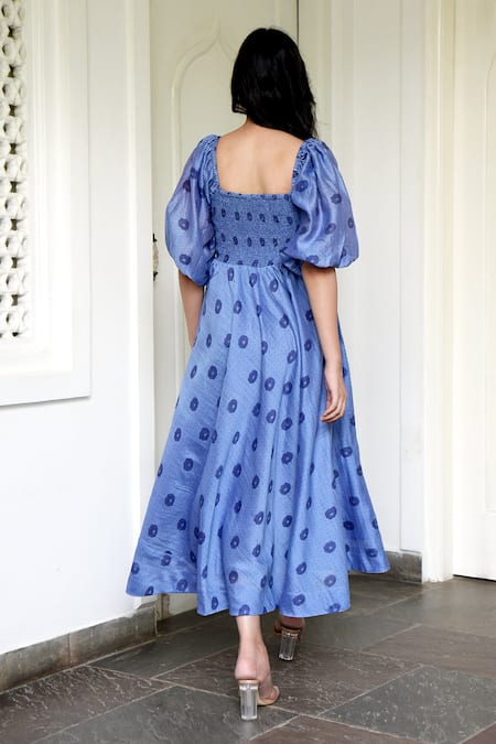 Shop Taro Blue Handwoven Chanderi Silk Square Neck Dress at Aza Fashions Shop_Taro_Blue Handwoven Chanderi Silk Square Neck Dress _at_Aza_Fashions