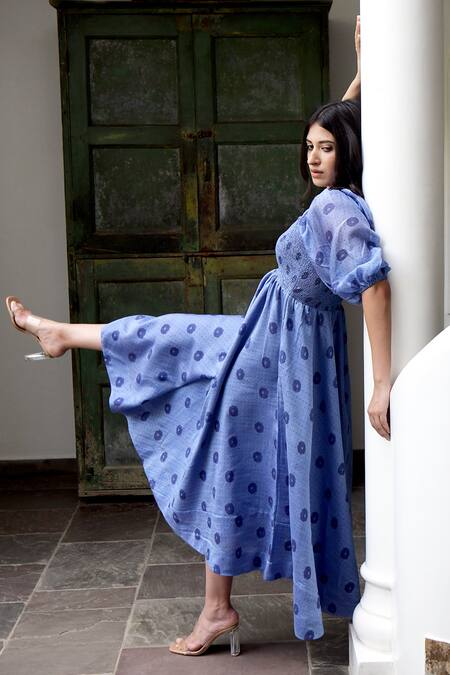 Taro Blue Handwoven Chanderi Silk Square Neck Dress Online at Aza Fashions Taro_Blue Handwoven Chanderi Silk Square Neck Dress _Online_at_Aza_Fashions