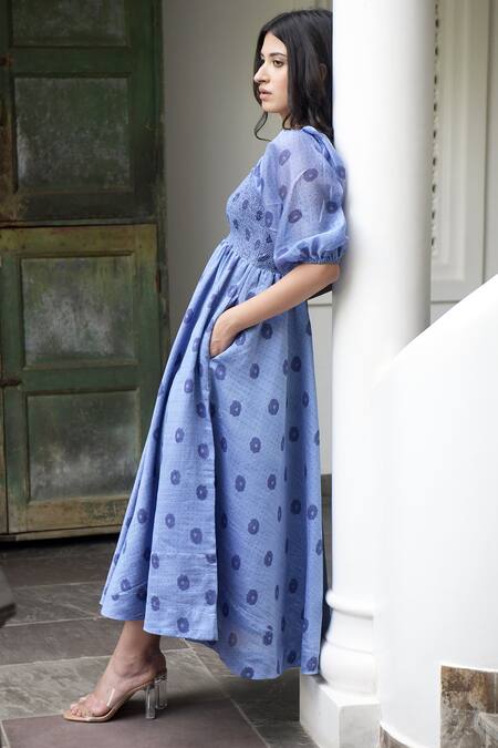 Buy Taro Blue Handwoven Chanderi Silk Square Neck Dress Online at Aza Fashions Buy_Taro_Blue Handwoven Chanderi Silk Square Neck Dress _Online_at_Aza_Fashions