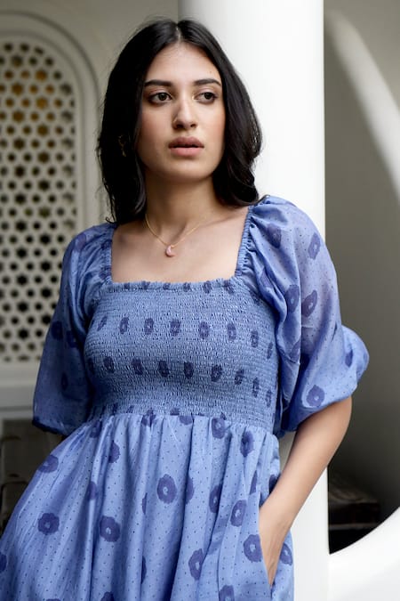 Shop Taro Blue Handwoven Chanderi Silk Square Neck Dress Online at Aza Fashions Shop_Taro_Blue Handwoven Chanderi Silk Square Neck Dress _Online_at_Aza_Fashions