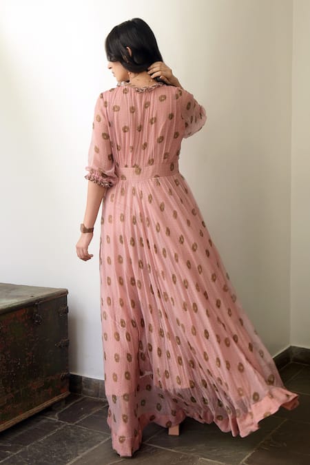 Shop Taro Peach Chiffon V Neck Floral Print Dress at Aza Fashions Shop_Taro_Peach Chiffon V Neck Floral Print Dress _at_Aza_Fashions