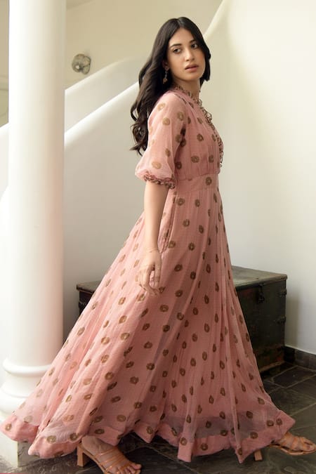 Taro Peach Chiffon V Neck Floral Print Dress Online at Aza Fashions Taro_Peach Chiffon V Neck Floral Print Dress _Online_at_Aza_Fashions