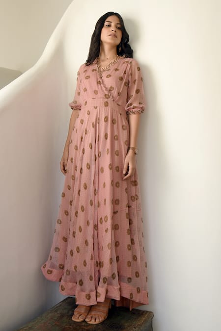 Buy Taro Peach Chiffon V Neck Floral Print Dress Online at Aza Fashions Buy_Taro_Peach Chiffon V Neck Floral Print Dress _Online_at_Aza_Fashions