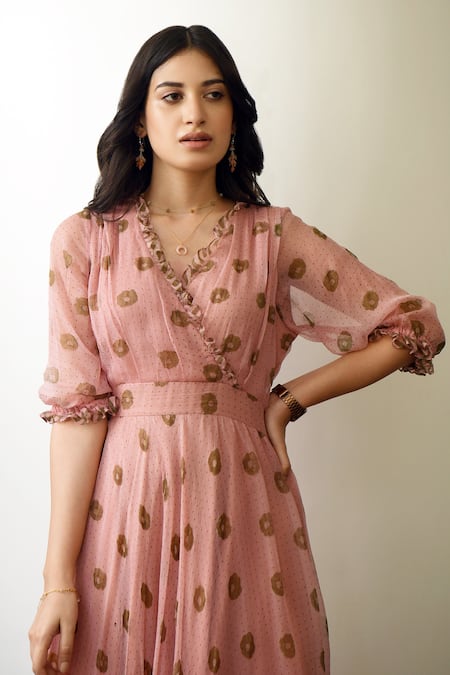 Shop Taro Peach Chiffon V Neck Floral Print Dress Online at Aza Fashions Shop_Taro_Peach Chiffon V Neck Floral Print Dress _Online_at_Aza_Fashions