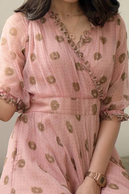 Taro Peach Chiffon V Neck Floral Print Dress at Aza Fashions Taro_Peach Chiffon V Neck Floral Print Dress _at_Aza_Fashions