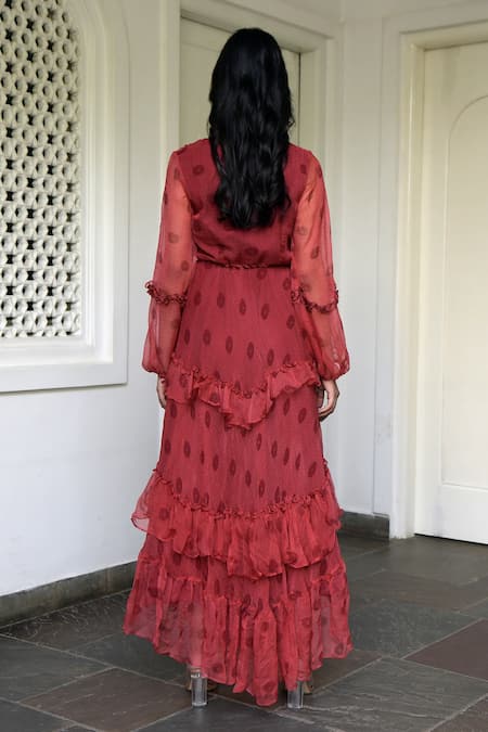 Shop Taro Red Chiffon V Neck Floral Print Dress at Aza Fashions Shop_Taro_Red Chiffon V Neck Floral Print Dress _at_Aza_Fashions