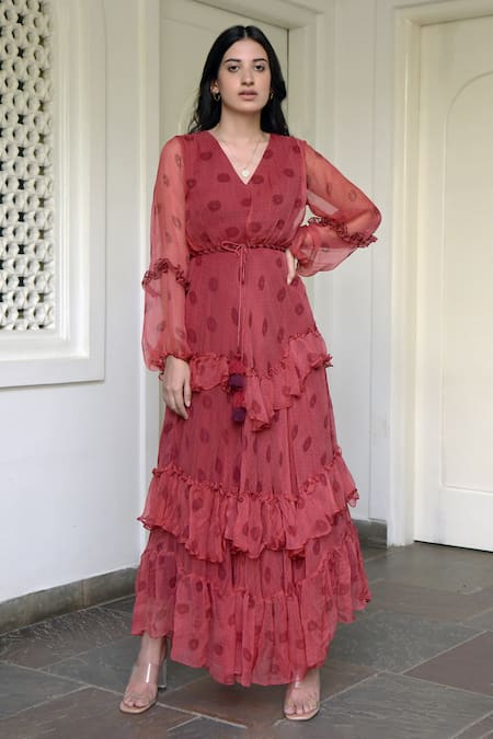 Taro Red Chiffon V Neck Floral Print Dress Online at Aza Fashions Taro_Red Chiffon V Neck Floral Print Dress _Online_at_Aza_Fashions