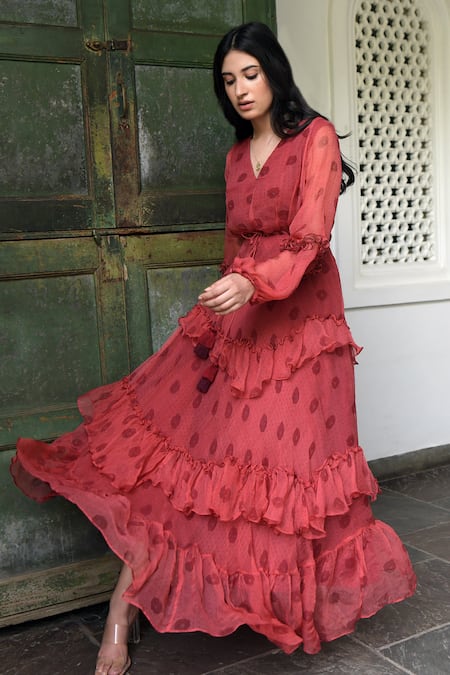 Buy Taro Red Chiffon V Neck Floral Print Dress Online at Aza Fashions Buy_Taro_Red Chiffon V Neck Floral Print Dress _Online_at_Aza_Fashions