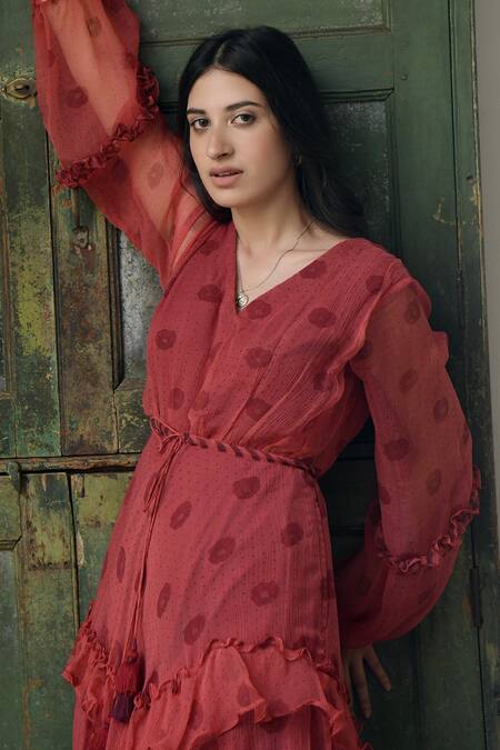 Shop Taro Red Chiffon V Neck Floral Print Dress Online at Aza Fashions Shop_Taro_Red Chiffon V Neck Floral Print Dress _Online_at_Aza_Fashions