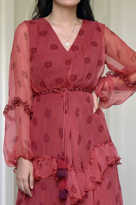 Taro Red Chiffon V Neck Floral Print Dress at Aza Fashions Taro_Red Chiffon V Neck Floral Print Dress _at_Aza_Fashions