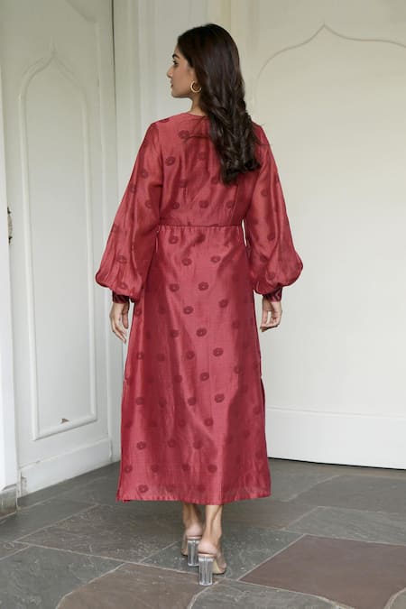 Shop Taro Red Handwoven Chanderi Silk V Neck Dress at Aza Fashions Shop_Taro_Red Handwoven Chanderi Silk V Neck Dress _at_Aza_Fashions