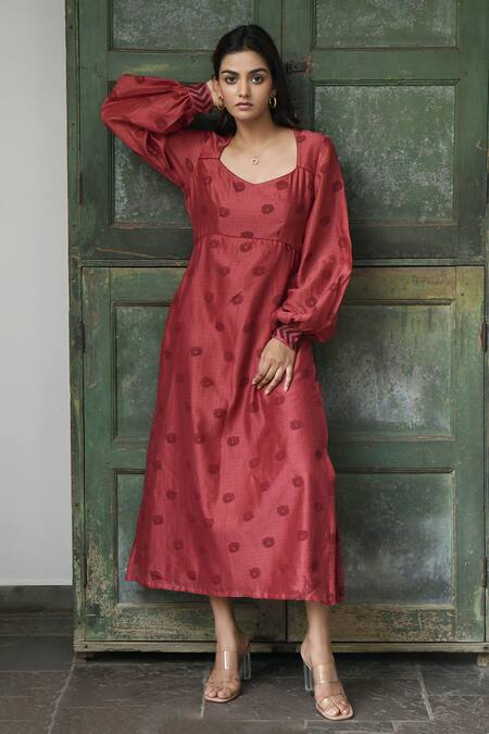 Taro Red Handwoven Chanderi Silk V Neck Dress Online at Aza Fashions Taro_Red Handwoven Chanderi Silk V Neck Dress _Online_at_Aza_Fashions