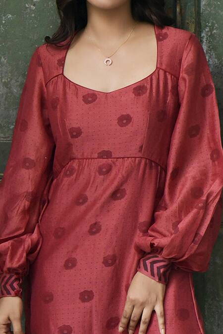 Taro Red Handwoven Chanderi Silk V Neck Dress at Aza Fashions Taro_Red Handwoven Chanderi Silk V Neck Dress _at_Aza_Fashions