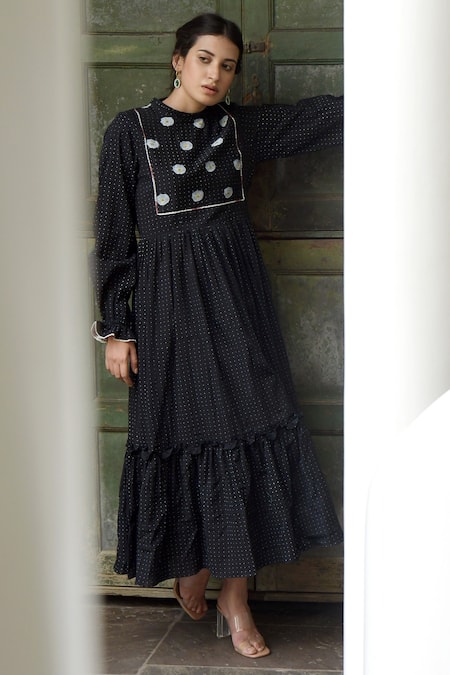 Taro_Black Handwoven Cotton Crew Neck Dress _Online_at_Aza_Fashions