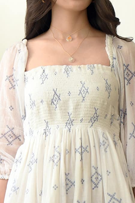 Shop Taro White Handwoven Cotton Square Neck Dress Online at Aza Fashions Shop_Taro_White Handwoven Cotton Square Neck Dress _Online_at_Aza_Fashions