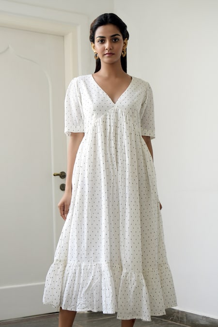 Shop_Taro_White Handwoven Cotton V Neck Dress _Online_at_Aza_Fashions