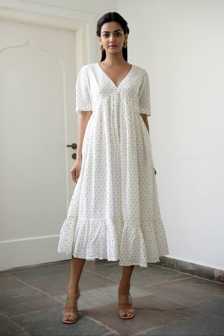 Taro_White Handwoven Cotton V Neck Dress _Online_at_Aza_Fashions