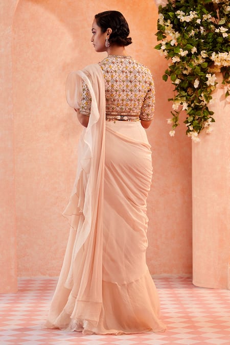 Shop Ridhi Mehra White Blouse Raw Silk Saree Chiffon Adelina Draped Ruffle With at Aza Fashions Shop_Ridhi Mehra_White Blouse Raw Silk Saree Chiffon Adelina Draped Ruffle With _at_Aza_Fashions