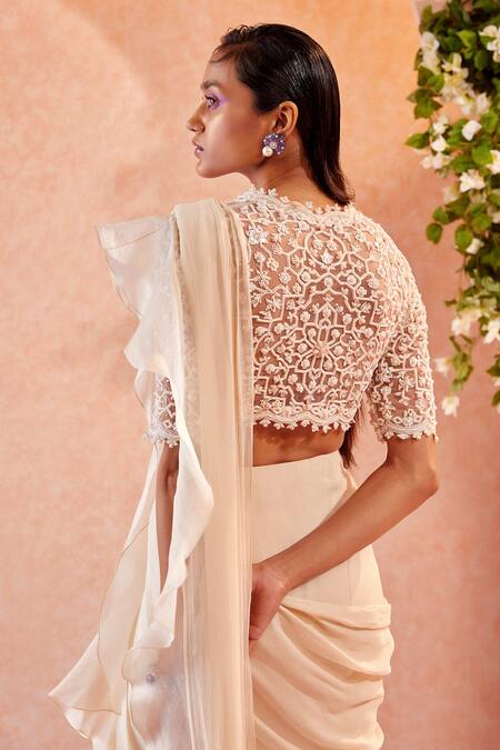 Shop Ridhi Mehra White Blouse Net Saree Chiffon Embroidery V Neck Arsema Draped Ruffle With Online at Aza Fashions Shop_Ridhi Mehra_White Blouse Net Saree Chiffon Embroidery V Neck Arsema Draped Ruffle With _Online_at_Aza_Fashions
