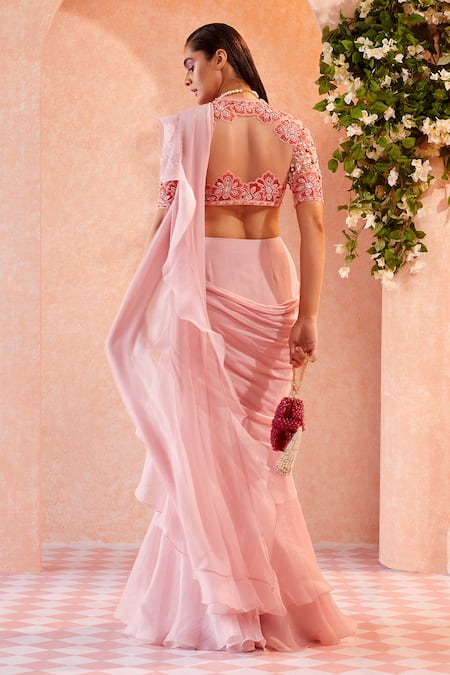 Shop_Ridhi Mehra_Pink Blouse Net Saree Chiffon Embroidery Arsema Draped Ruffle With  _at_Aza_Fashions