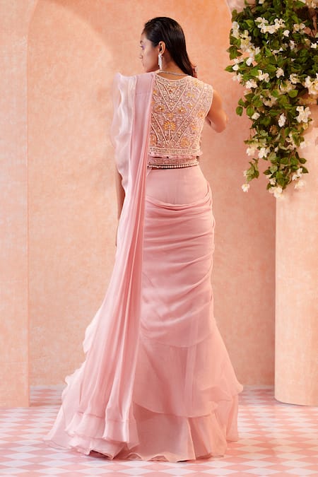 Shop Ridhi Mehra Pink Blouse Net Saree Chiffon Helenor Draped Ruffle With at Aza Fashions Shop_Ridhi Mehra_Pink Blouse Net Saree Chiffon Helenor Draped Ruffle With _at_Aza_Fashions