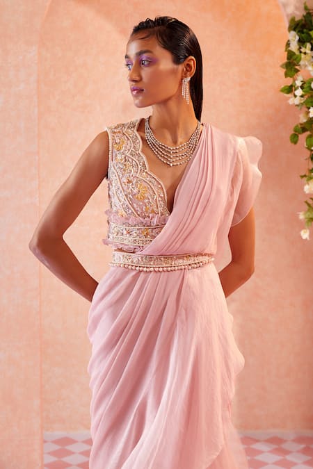 Ridhi Mehra Pink Blouse Net Saree Chiffon Helenor Draped Ruffle With Online at Aza Fashions Ridhi Mehra_Pink Blouse Net Saree Chiffon Helenor Draped Ruffle With _Online_at_Aza_Fashions