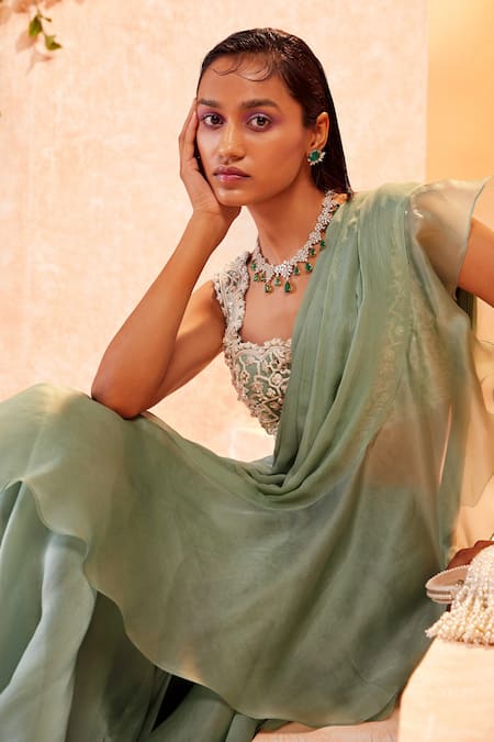 Ridhi Mehra Green Blouse Net Saree Chiffon Embroidery Skyla Draped Ruffle With Online at Aza Fashions Ridhi Mehra_Green Blouse Net Saree Chiffon Embroidery Skyla Draped Ruffle With _Online_at_Aza_Fashions