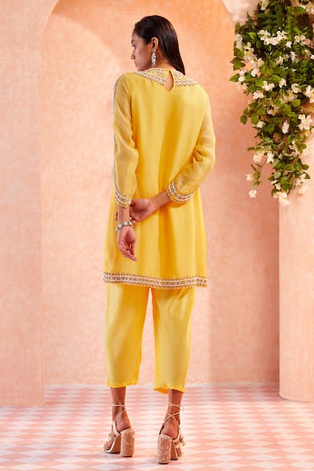 Shop Ridhi Mehra Yellow Kurta Organza Pant Crepe Embroidery Round Orva And Set at Aza Fashions Shop_Ridhi Mehra_Yellow Kurta Organza Pant Crepe Embroidery Round Orva And Set _at_Aza_Fashions