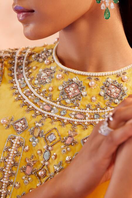 Ridhi Mehra Yellow Kurta Organza Pant Crepe Embroidery Round Orva And Set Online at Aza Fashions Ridhi Mehra_Yellow Kurta Organza Pant Crepe Embroidery Round Orva And Set _Online_at_Aza_Fashions