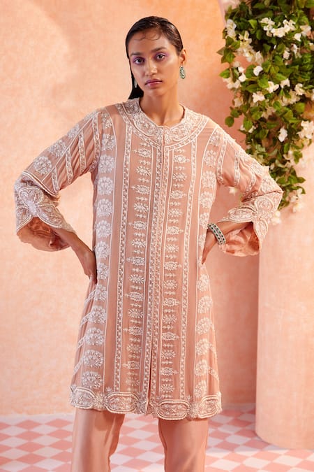 Shop Ridhi Mehra Beige Kurta Georgette Pant Chanderi Embroidery Round Naevia And Set at Aza Fashions Shop_Ridhi Mehra_Beige Kurta Georgette Pant Chanderi Embroidery Round Naevia And Set _at_Aza_Fashions